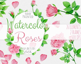 Watercolor Pink Rose Clipart Roses Petals Clip Art English Pink Green Leaves Clipart, Vintage Flower, Illustration Vector Decoration Garland