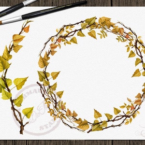 May include: Watercolor illustration of a wreath made of autumn leaves and branches. The wreath is circular and has a rustic, natural look. There is also a separate illustration of a single branch with leaves.