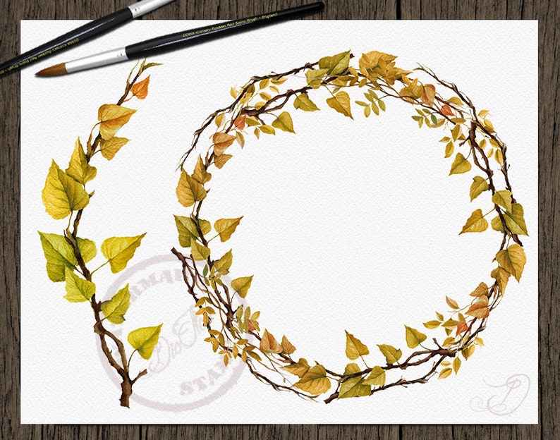 May include: Watercolor illustration of a wreath made of autumn leaves and branches. The wreath is circular and has a rustic, natural look. There is also a separate illustration of a single branch with leaves.