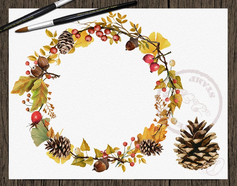 May include: A watercolor wreath with autumn leaves, pine cones, berries, and acorns. The wreath is on a white background.