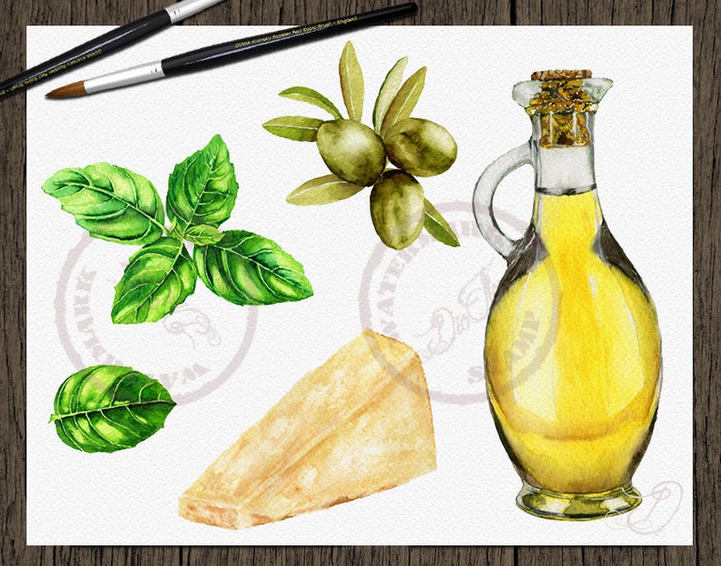 Aquarell-Pesto Clipart Clip Art Basilikum Kiefer Nuss Parmesan Pesto Illustration Dekor Küche Wand Kunst Home Dekoration Italienisch Bild 3