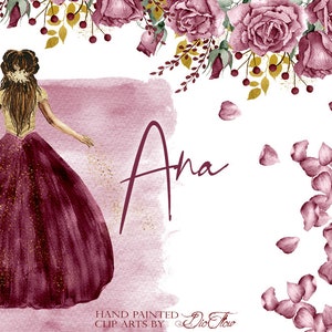 Aquarelle Bourgogne Rose Lady Clipart Bourgogne Gold Bride Flowers Clip Art Roses Illustration Wedding Invitation Bridesmaid Dress Ball Prom