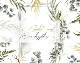 Eucalyptus Watercolor Clipart Illustration Bundle Greenery Clip Art Eucalyptus Gold Green Leaves Frames Eucalyptus Vector Invitation Design