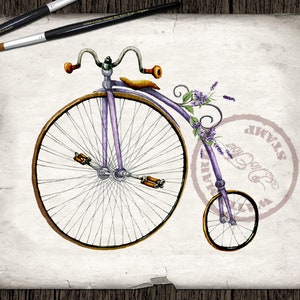 May include: A vintage purple bicycle with a large front wheel and a small back wheel. The bicycle has a basket with lavender flowers on the front.