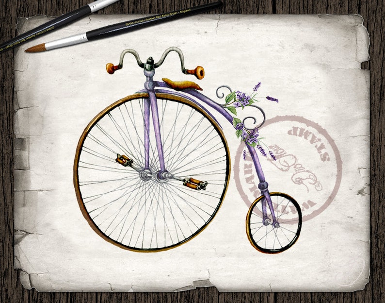 May include: A vintage purple bicycle with a large front wheel and a small back wheel. The bicycle has a basket with lavender flowers on the front.