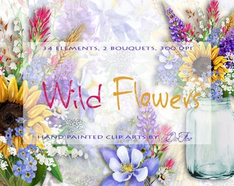 Wild Flowers Watercolor Clipart Mountain Wild Clip Art Rustic Mason Jar Wedding Invitation Illustration Vector Cottage Farm Decor Sunflower