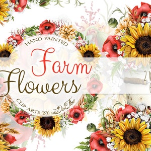 Sunflower Watercolor Farm Wild Flowers Country Clipart Wreath Garland Clip Art Summer Wedding Invitation Illustration Vector Rustic Cottage