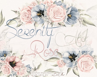 Watercolor Serenity Rose Clipart Roses Tulip Clip Art Rose Quartz Serenity Blue Clipart, Vintage Flower Illustration Spring Bouquet Decor
