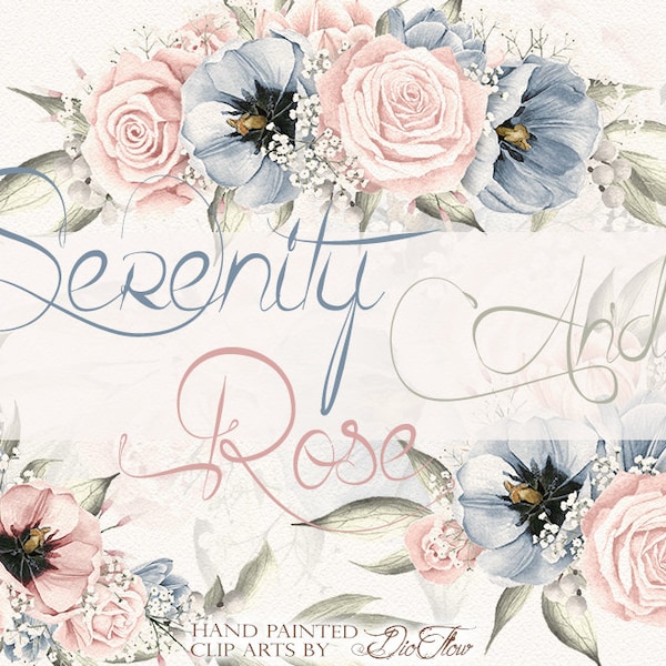 Watercolor Serenity Rose Clipart Roses Tulip Clip Art Rose Quartz Serenity Blue Clipart, Vintage Flower Illustration Spring Bouquet Decor