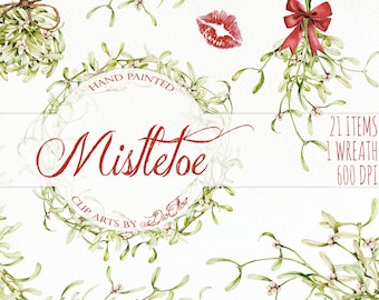 Watercolor Mistletoe Clipart winter Clip Art Mistletoe Christmas Illustration Wedding Invitation Greenery Xmas Leaves Berries Mistletoe Kiss