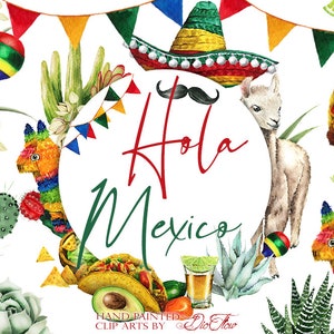 Aquarel Mexico Clipart Mexicaanse Clip Art Uitnodiging illustratie Fiesta Lama Taco Cactus Tequila Pinata Sombrero Decor Mexicaanse symbolen