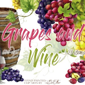 Grapes Clipart Watercolor Grape Wine Clip Art Greenery Vines Leaves Vineyard Green Vinery Grapery Fall Fruits Vector Invitation Wine Bottle