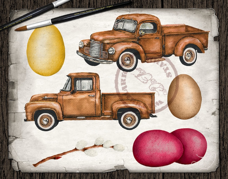 Watercolor Easter Truck Clipart Rabbit Eggs Clip Art Lamb Spring Easter Old Vintage Car Bunny Flowers Watercolor Clip Spring Illustration image 2