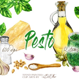 Aquarell-Pesto Clipart Clip Art Basilikum Kiefer Nuss Parmesan Pesto Illustration Dekor Küche Wand Kunst Home Dekoration Italienisch Bild 1