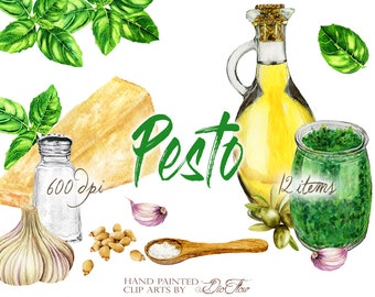 Aquarell-Pesto Clipart Clip Art Basilikum Kiefer Nuss Parmesan Pesto Illustration Dekor Küche Wand Kunst Home Dekoration Italienisch