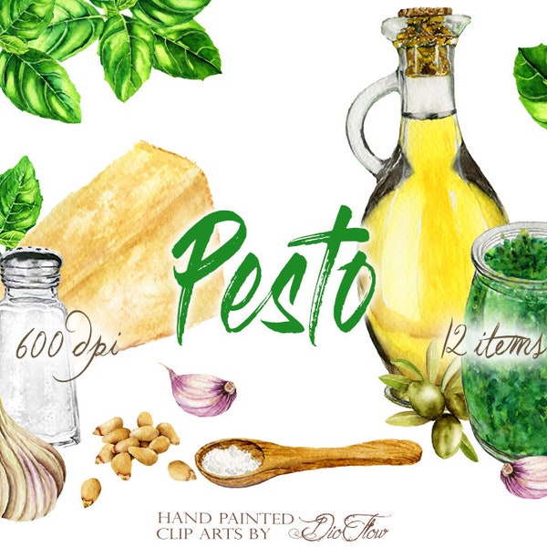 Aquarell-Pesto Clipart Clip Art Basilikum Kiefer Nuss Parmesan Pesto Illustration Dekor Küche Wand Kunst Home Dekoration Italienisch