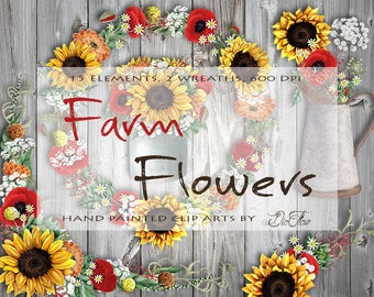 Sunflower Watercolor Country Clipart Wreath Frame Garland Clip Art Summer Wedding Invitation Illustration Vector Rustic Cottage Farm Jar