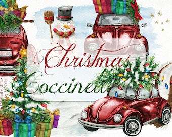 Watercolor Christmas Beetle Car Clipart Volkswagen Clip Art Winter Red Invitation Illustration Snowy Christmas Vintage Car Holiday Beetle