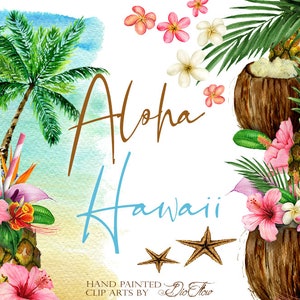Aquarelle fleurs tropicales cocktails feuilles Clipart clip Hawaï fleurs île d'été plage faire-part de mariage Illustration paradis exotique