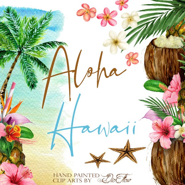 Aquarell Tropische Blumen Cocktails Blätter Clipart Clip Hawaii Blumen Sommer Insel Strand Hochzeit Einladung Illustration Paradies exotisch