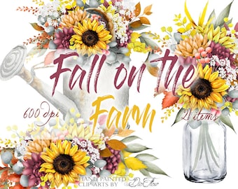 Watercolor Fall Autumn Clipart Sunflower Dahlia Fall Leaves Burgundy Flowers Clip Art Illustration Vector Wedding Invitation Rustic Farm