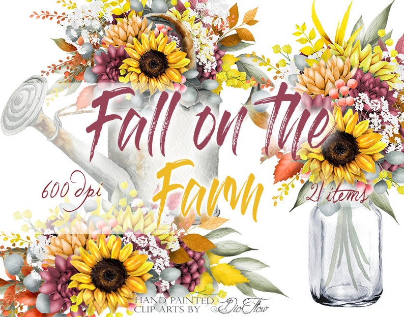 May include: Fall on the Farm watercolor clipart set with 21 items. The set includes sunflowers, leaves, berries, and a watering can. The text "Fall on the Farm" is written in a burgundy font.