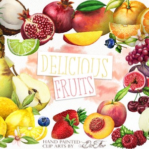 Aquarelle de fruits Clipart fruits clipart Illustration fruitée décoration murale cuisine décoration de la maison grenade pêche mangue coco poire baies