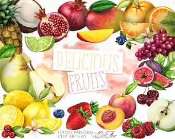 Watercolor Fruits Clipart Fruit Clip Art Fruity Illustration Decor Kitchen Wall Home Decoration Pomegranate Peach Mango Cocos Pear Berries