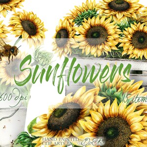 May include: A digital illustration of 15 watercolor sunflowers in various arrangements. The sunflowers are yellow with brown centers and green leaves. The text "Sunflowers" is written in green cursive letters. The text "600 Dpi" and "15 items" are also included in the image.