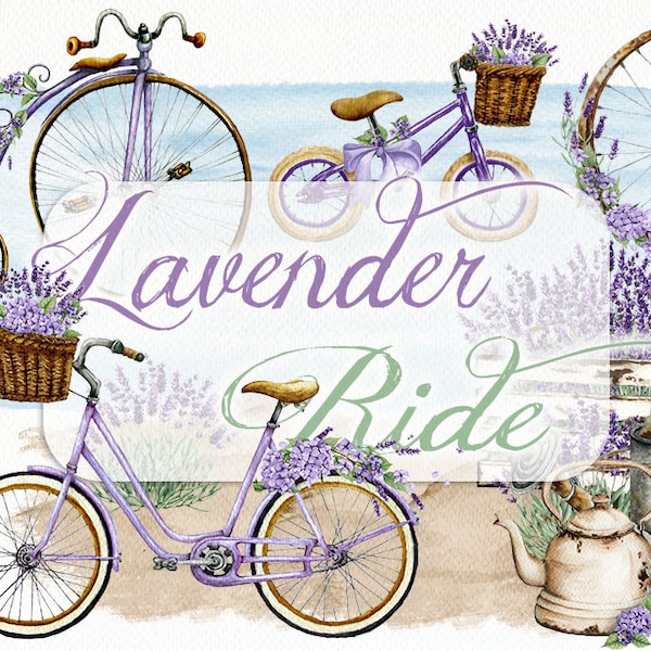 Watercolor Lavender Bike Clipart Flower Bicycle Clip Art Lavandula Old Vintage Bike Baby Lavender Purple Flowers Watercolor Illustration