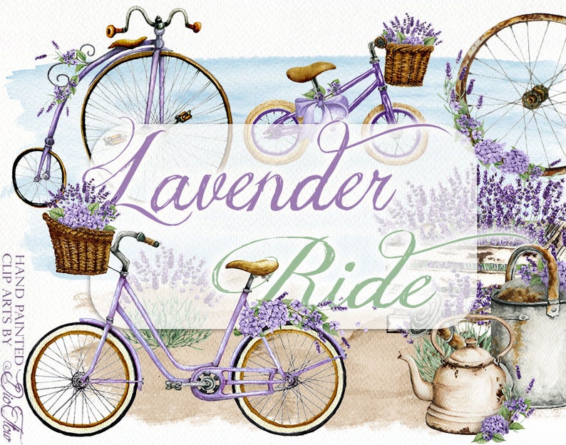 May include: A watercolor illustration of lavender flowers and bicycles. The image features three bicycles, a vintage bicycle with a large front wheel, a smaller bicycle with a basket, and a child's bicycle. The bicycles are decorated with lavender flowers and are set against a background of a blue sky and a beach.