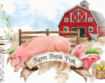 Watercolor Farm Pig Clipart Pork Products Clip Art Barn Meat Products Country Rustic Watercolor Clip Illustration Country Design Farmhouse