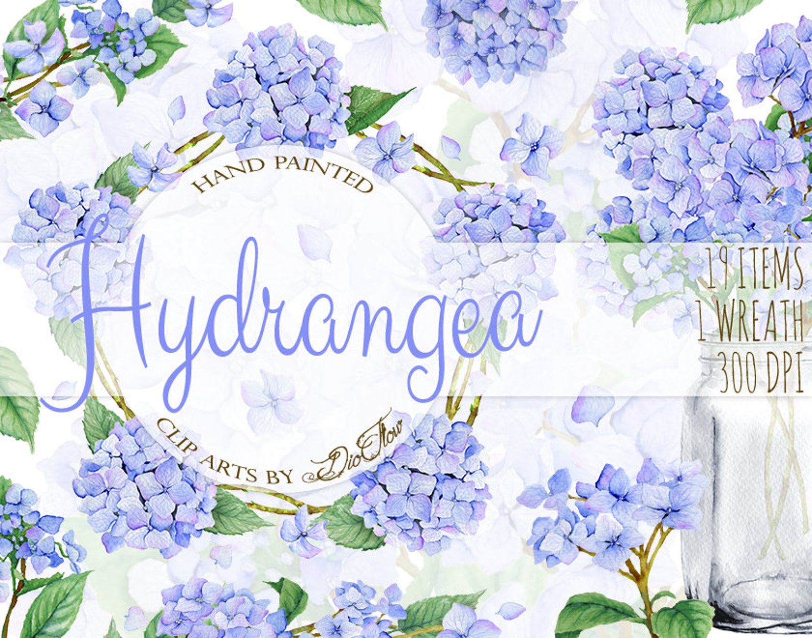Hydrangea Watercolor Clipart Blue Flowers Clip Art Rustic | Etsy