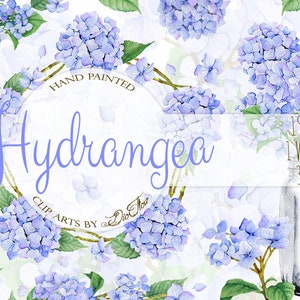 May include: Hand painted watercolor clip art of blue hydrangeas with green leaves. The set includes 19 items and 1 wreath. The image also includes the text "Hand Painted Hydrangea Clip Arts by Dio Flora 19 Items 1 Wreath 300 DPI".