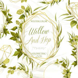 Watercolor Hops Willow Clipart Greenery Vines Clip Art Leaves Illustration Geometric Hops Wreath Polygonal Crystal Green Gold Leaf Clip Art