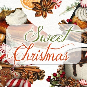 Watercolor Christmas Sweets Clipart Candy Cane Clip Art Winter Peppermint Christmas Invitation Pine Hot Chocolate Cake Star Anise Cinnamon
