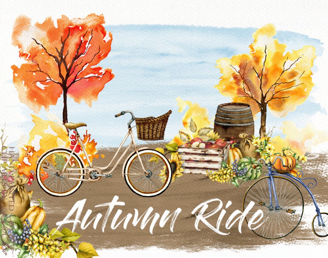 Watercolor Bike Autumn Bicycle Clipart Pumpkin Vintage Bike Bicycle