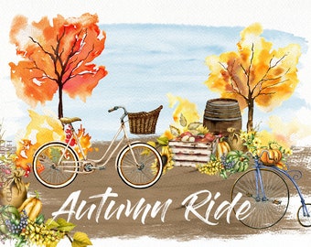 Watercolor Bike Autumn Bicycle Clipart Pumpkin Vintage Bike Bicycle Clip Art Pumpkin Autumn Harvest Invitation Illustration Cycle Fall