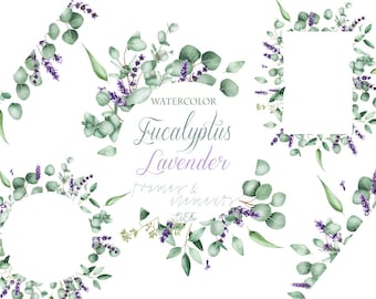 May include: Watercolor illustration of eucalyptus and lavender sprigs arranged in wreaths and frames. The text "Watercolor Eucalyptus Lavender Frames & Ornaments" is written in cursive.