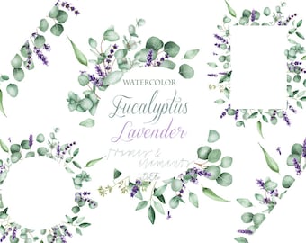 Watercolor Eucalyptus Lavender Clipart Frames Greenery Clip Art Eucalyptus Lavender Frames Green Leaves Illustration Vector Invitation Art