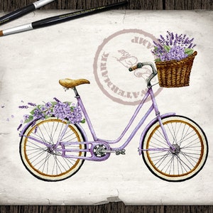 May include: A purple bicycle with a wicker basket filled with lavender flowers. The bicycle has a brown leather seat and white tires.