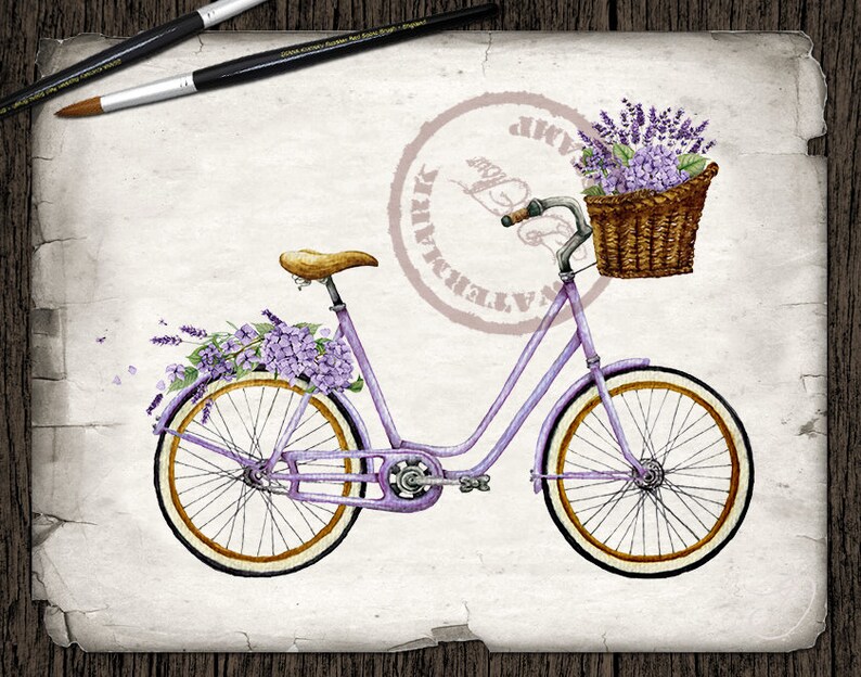 May include: A purple bicycle with a wicker basket filled with lavender flowers. The bicycle has a brown leather seat and white tires.