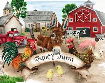 Könnte beinhalten: Ein Aquarellbild einer Farmlandschaft mit einem roten Stall, einem weißen Bauernhaus, einem roten LKW, einem Esel, einer Kuh, einem Schwein, Hühnern und Küken. Der Text "Fancy Farm" ist auf einem Banner geschrieben.