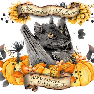 Watercolor Halloween Bat Fall Autumn Pumpkin Clipart Leaves Flowers Clip Art Illustration Vector Invitation Paper Fall Dahlia Orange Leaf