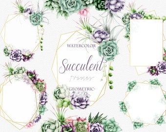 Watercolor Succulent Geometric Clipart Frame Succulent Frames Clip Art Polygonal Geometric Illustration Invitation Lavender Sage Purple