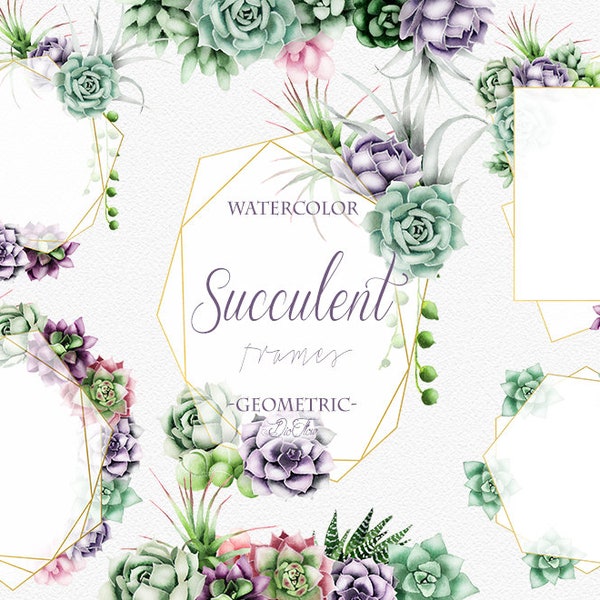 Watercolor Succulent Geometric Clipart Frame Succulent Frames Clip Art Polygonal Geometric Illustration Invitation Lavender Sage Purple