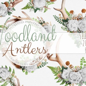 Gewei clipart Rose Woodland witte bloemen herten aquarel bos handbeschilderd illustratie bruiloft uitnodiging illustraties Boho krans gewei