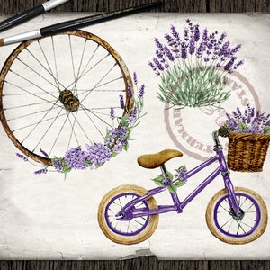 May include: A purple bicycle with a basket filled with lavender flowers. The bicycle has a rusty wheel and a wooden frame. The background is a vintage-looking paper with a stamp that says "Sentimental Stays".