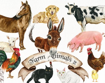 Watercolor Farm Animals Clipart Farmhouse Clip Art Animals Country Animals Rustic Domestic Watercolor Illustration Country Design Farmhouse