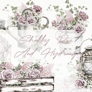 Aquarelle vintage bouquet minable Clipart Rose hortensia rose Blush Clip Art vintage naturel neutre rustique Boho Illustration Shabby Rose